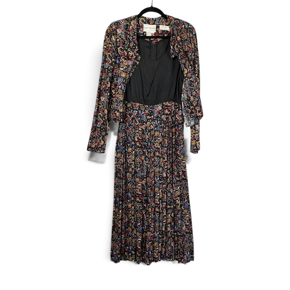 Vintage Karin Stevens Paisley Floral Jacket Dress 2 Piece Size 12 Black Maxi - Picture 3 of 12